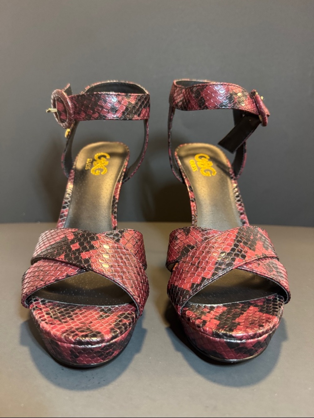 G by Guess Red Snakeskin Ankle-Strap Platform Heels - Picture 2 of 12